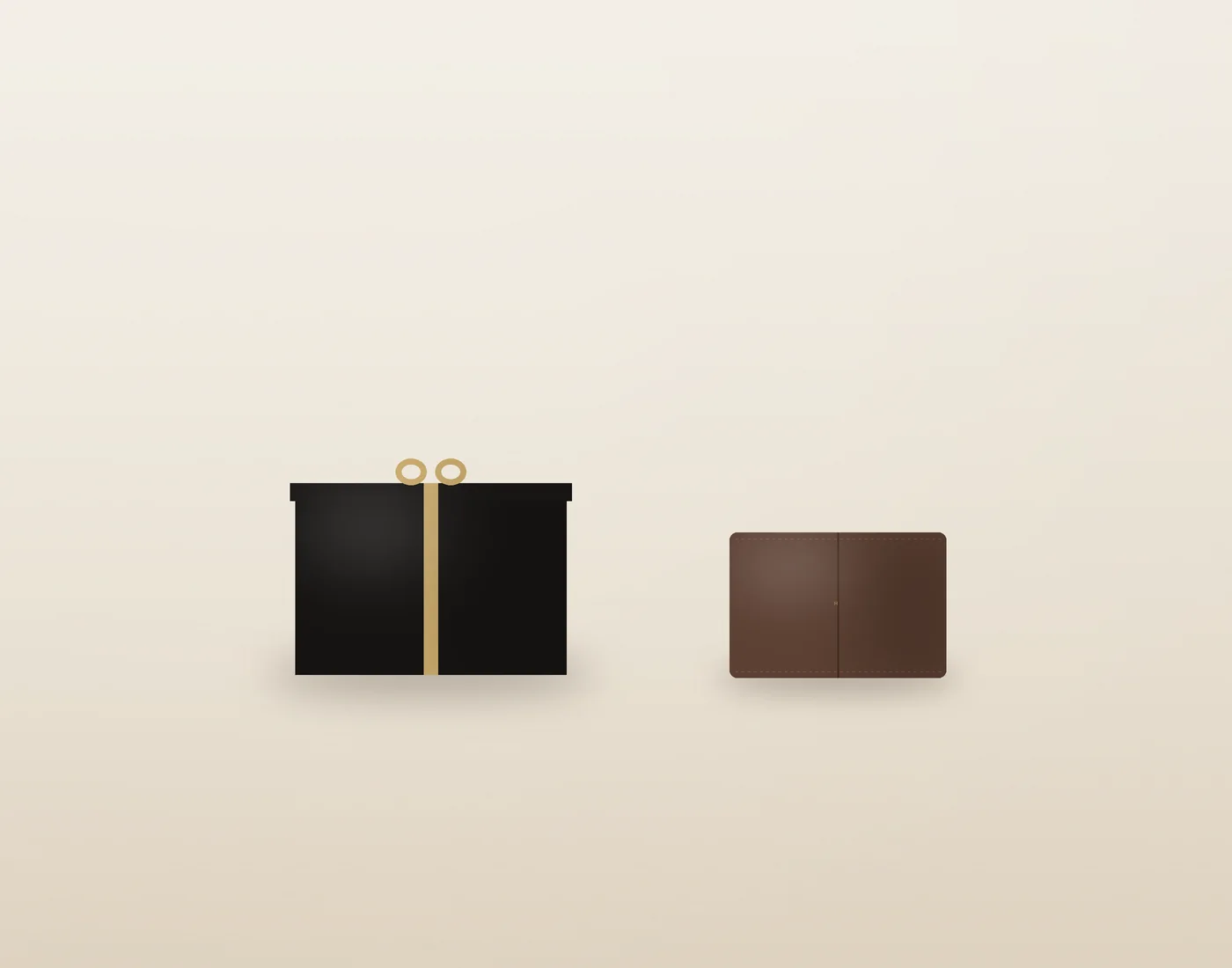 A black gift box with a gold ribbon beside a leather wallet